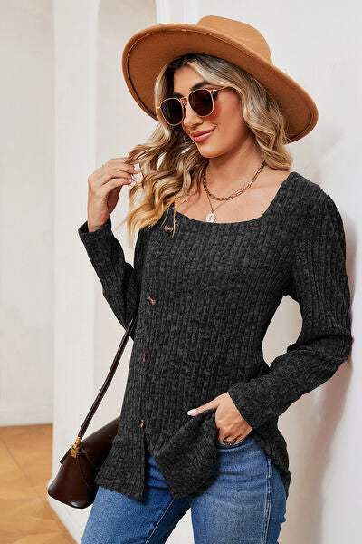 Decorative Button Square Neck T-Shirt Women's T-Shirts - Tophatter Daily Deals