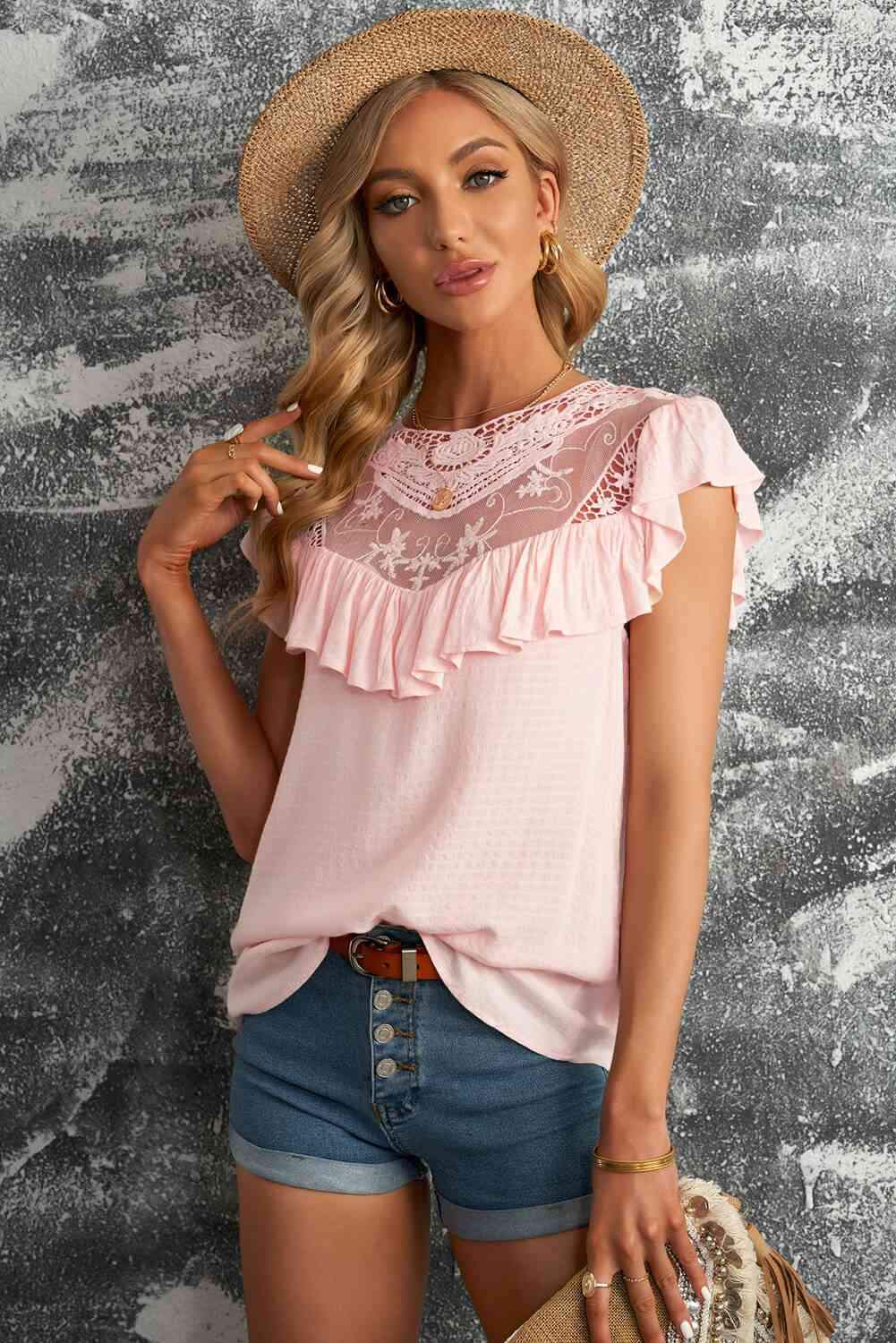 Lace Ruffled Short Sleeve T-Shirt Pink Blouses - Tophatter Daily Deals