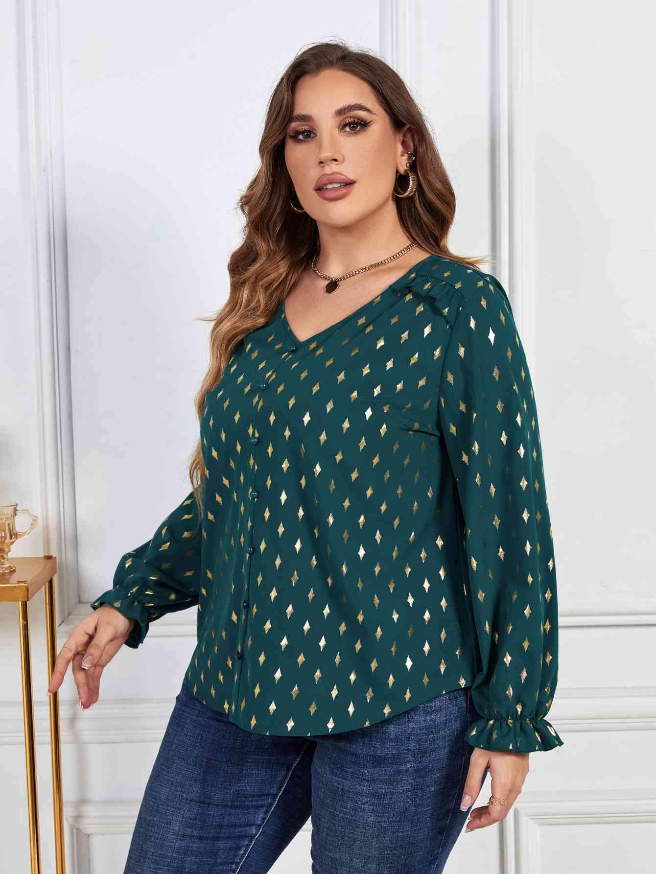 Melo Apparel Plus Size Printed Frill Trim Flounce Sleeve Blouse Blouses - Tophatter Daily Deals