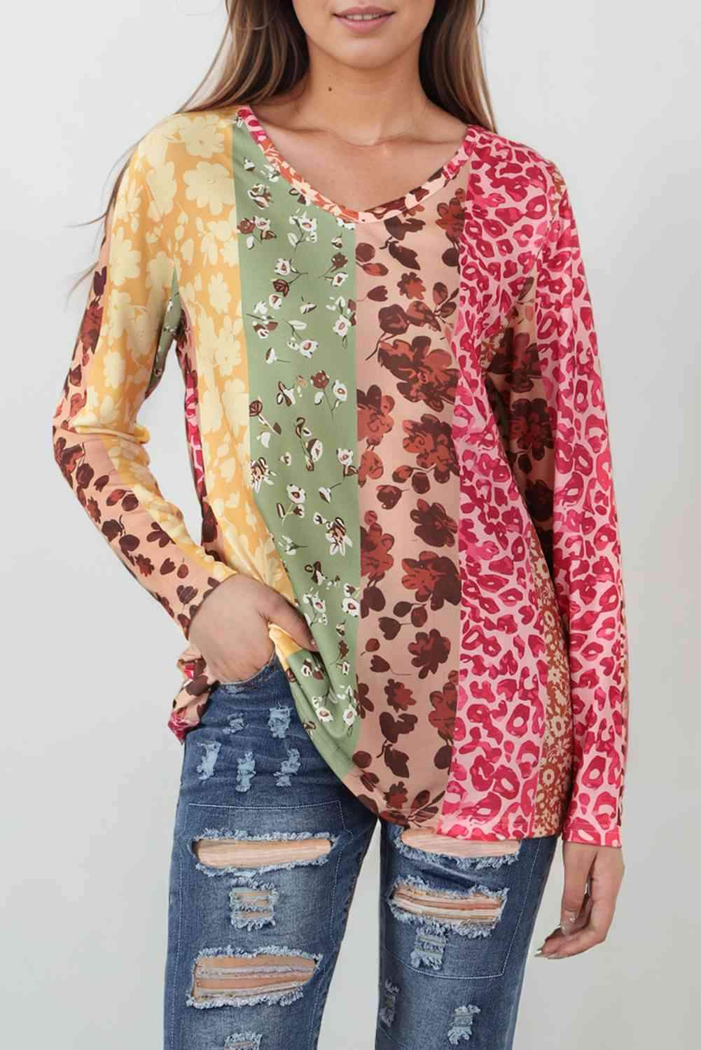 Leopard Long Sleeve V-Neck T-Shirt Floral Women's T-Shirts - Tophatter Daily Deals