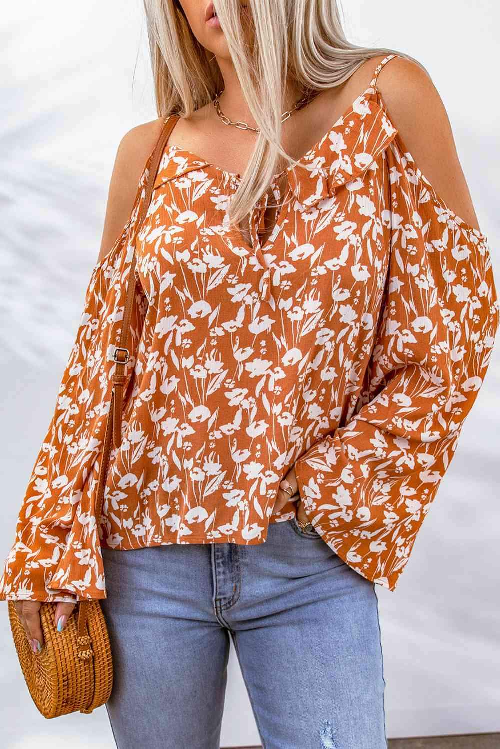 Floral Cold-Shoulder Flare Sleeve Blouse Blouses - Tophatter Daily Deals