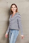 Double Take Striped Johnny Collar Long Sleeve Knit Top Blouses - Tophatter Daily Deals