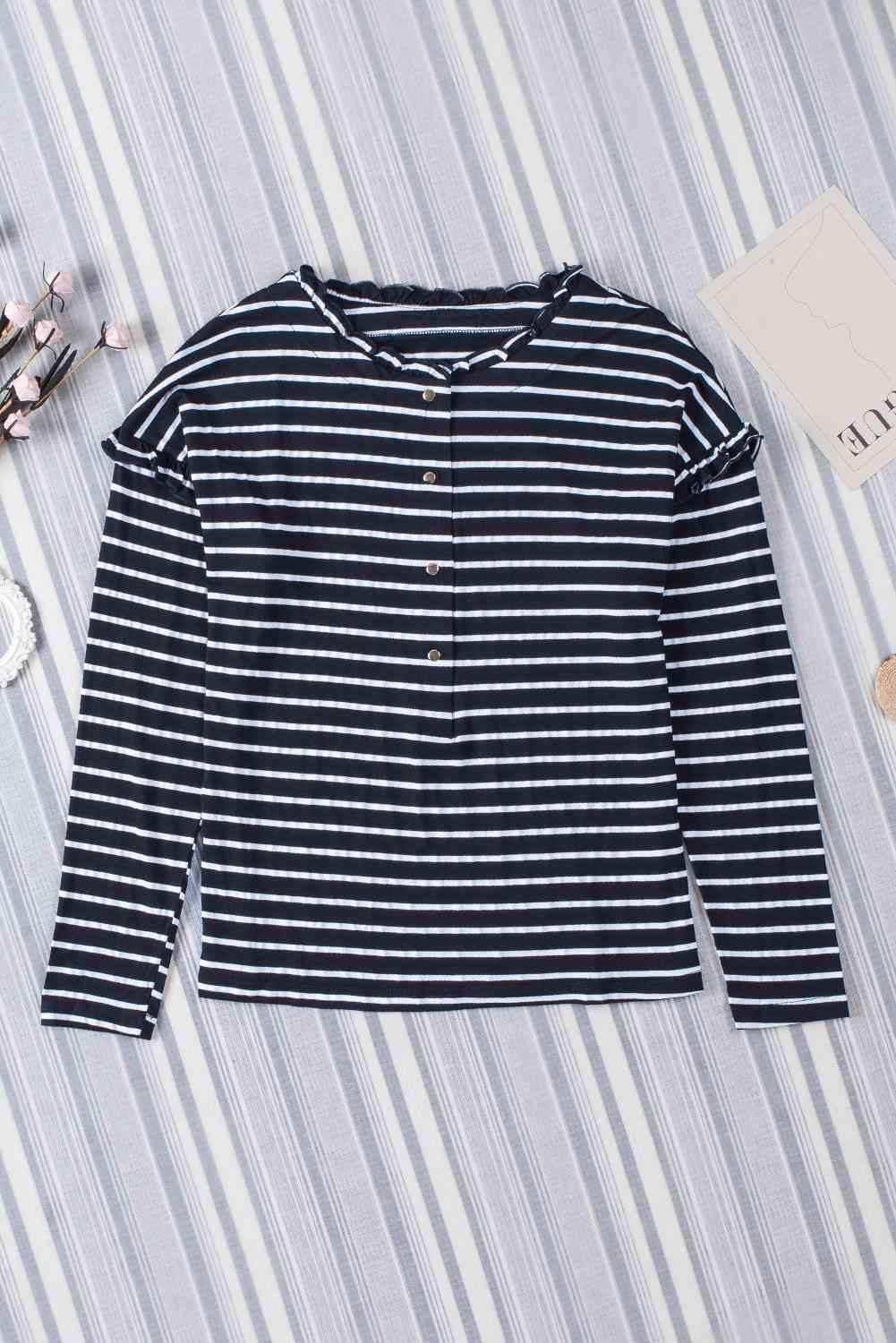 Striped Half Button Frill Trim Top Blouses - Tophatter Daily Deals