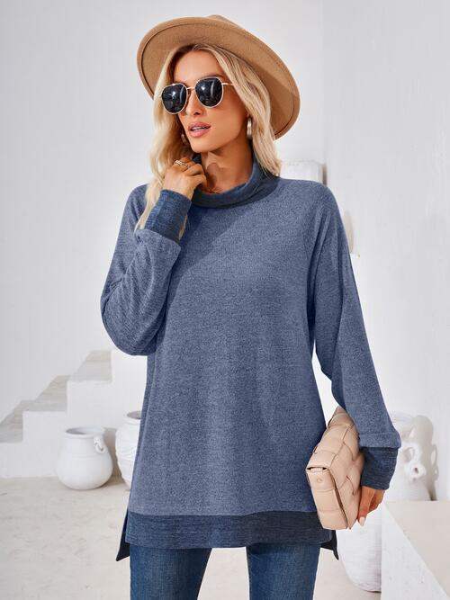 Contrast Mock Neck Long Sleeve T-Shirt Women's T-Shirts - Tophatter Daily Deals