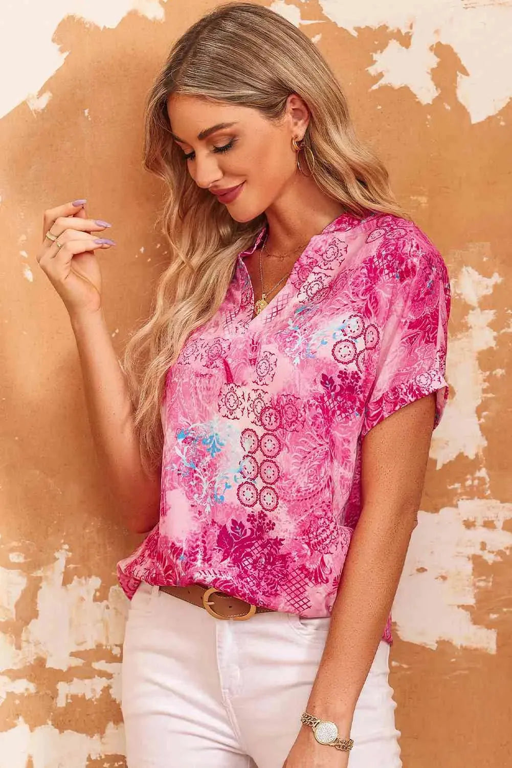 Floral Notched Neck Short Sleeve Top Blouses - Tophatter Daily Deals