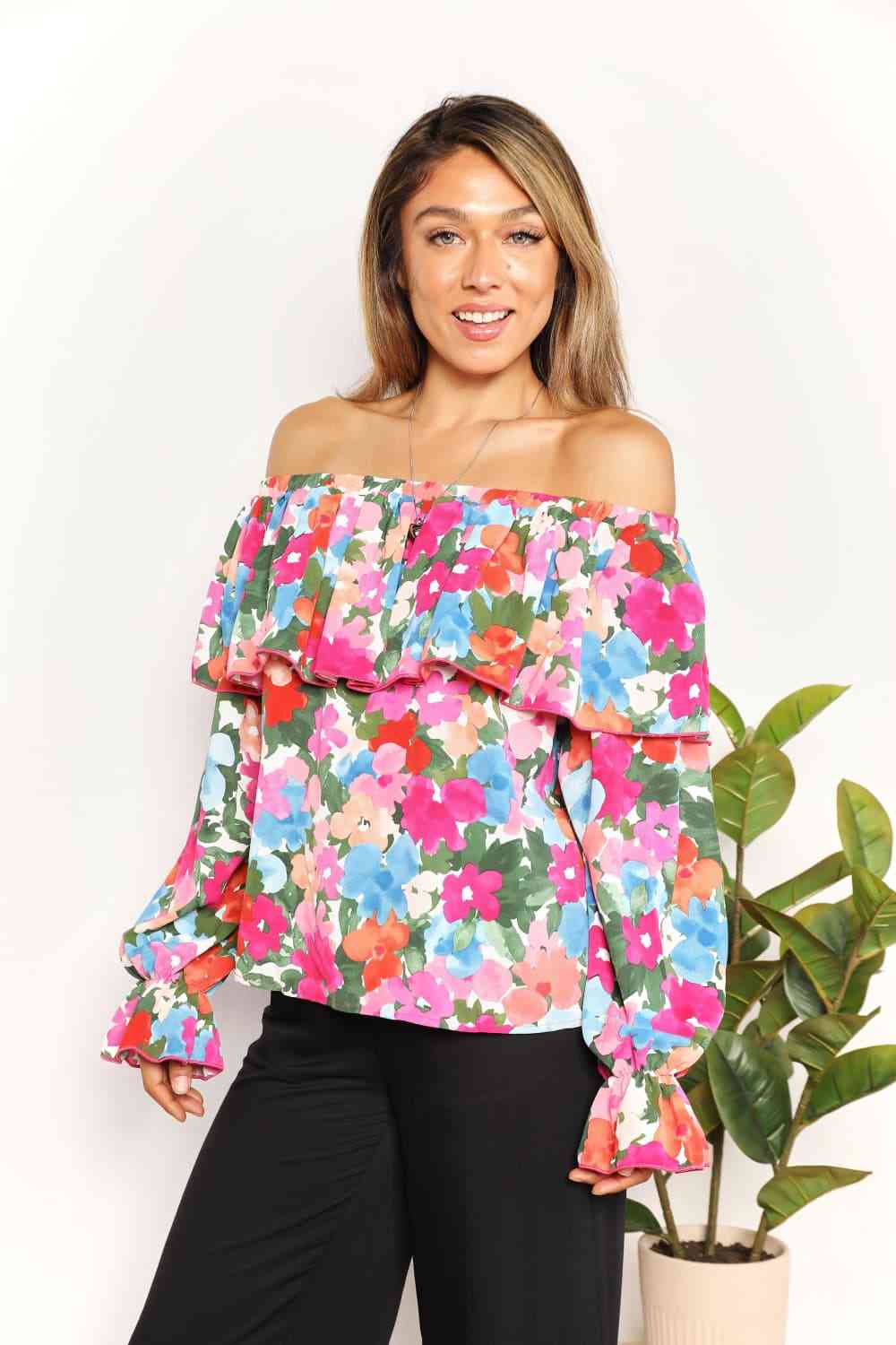 Double Take Floral Off-Shoulder Flounce Sleeve Layered Blouse - Tophatter Deals