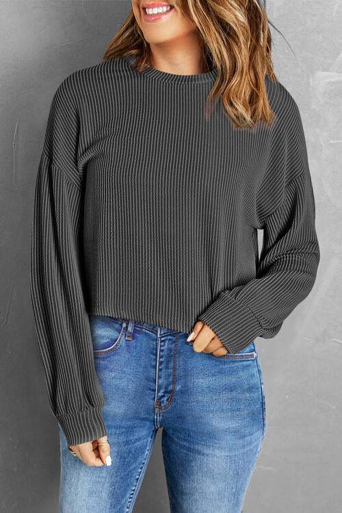 Round Neck Drop Shoulder Long Sleeve Top Black Blouses - Tophatter Daily Deals