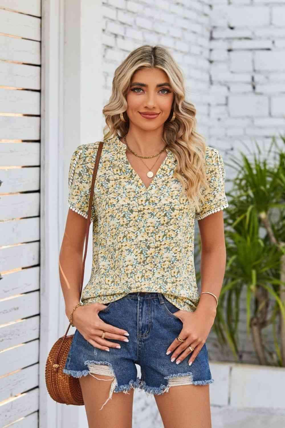 Floral Notched Neck Blouse Blouses - Tophatter Daily Deals