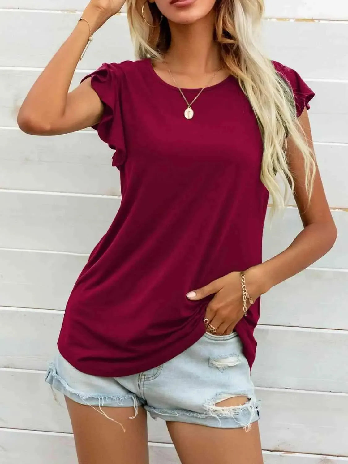 Round Neck Butterfly Sleeve Top Blouses - Tophatter Daily Deals