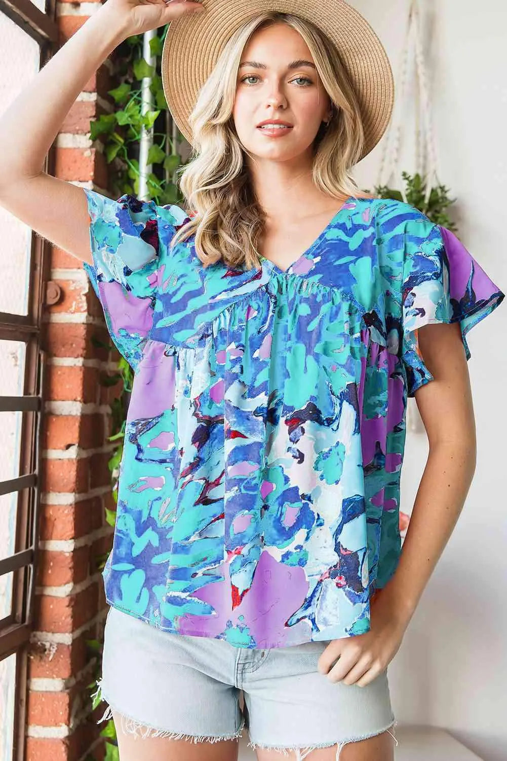 Floral V-Neck Short Sleeve Blouse Blouses - Tophatter Daily Deals