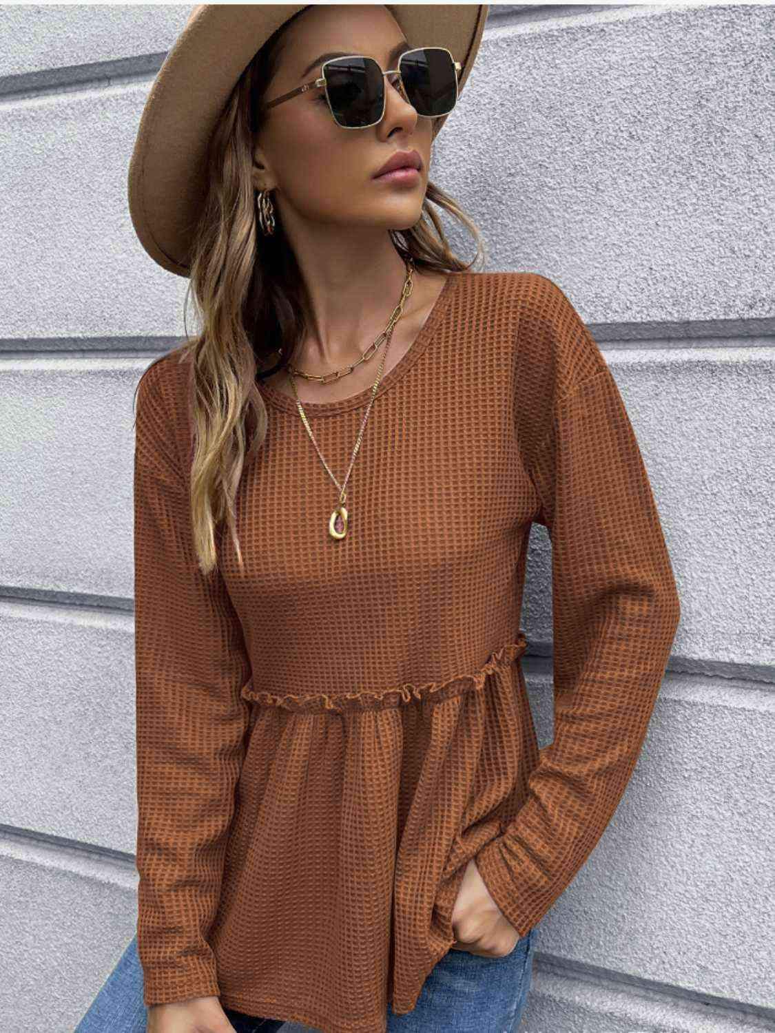 Waffle-Knit Long Sleeve Peplum Blouse Blouses - Tophatter Daily Deals