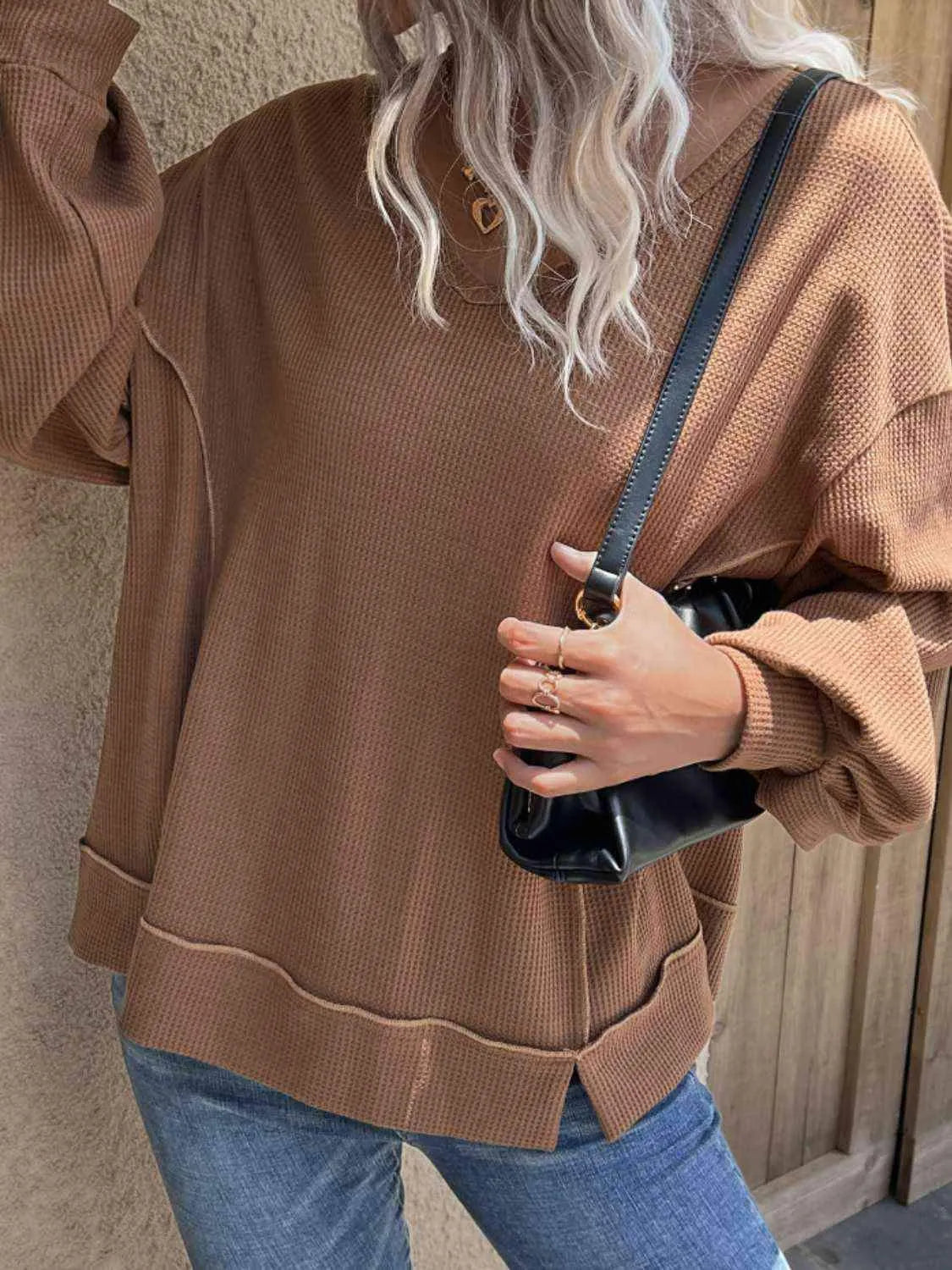 V-Neck Waffle-Knit Slit Top Blouses - Tophatter Daily Deals