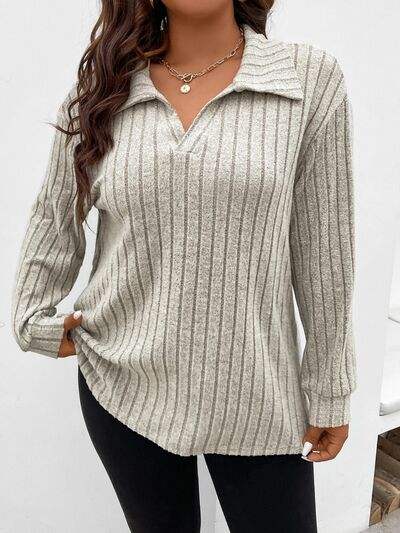 Plus Size Ribbed Johnny Collar Long Sleeve T-Shirt Dust Storm Women's T-Shirts - Tophatter Daily Deals