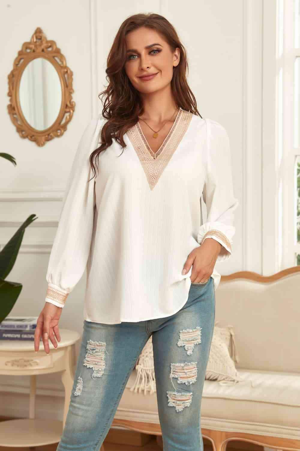 Melo Apparel Plus Size V-Neck Puff Sleeve Blouse White Blouses - Tophatter Daily Deals