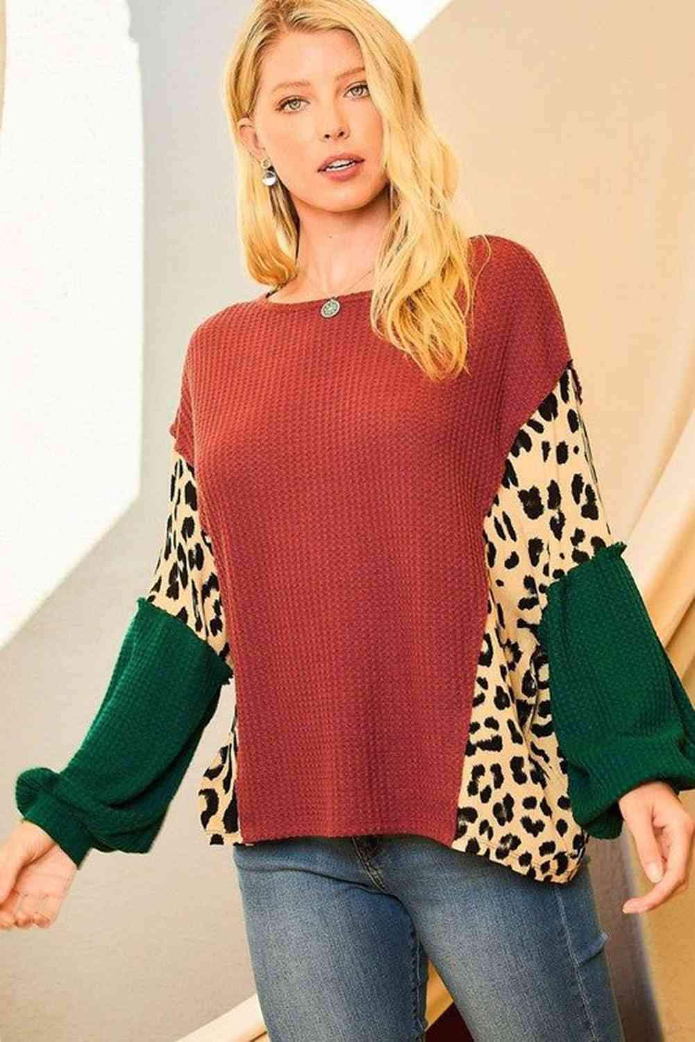 Leopard Color Block Waffle-Knit Blouse Brick Red Blouses - Tophatter Daily Deals