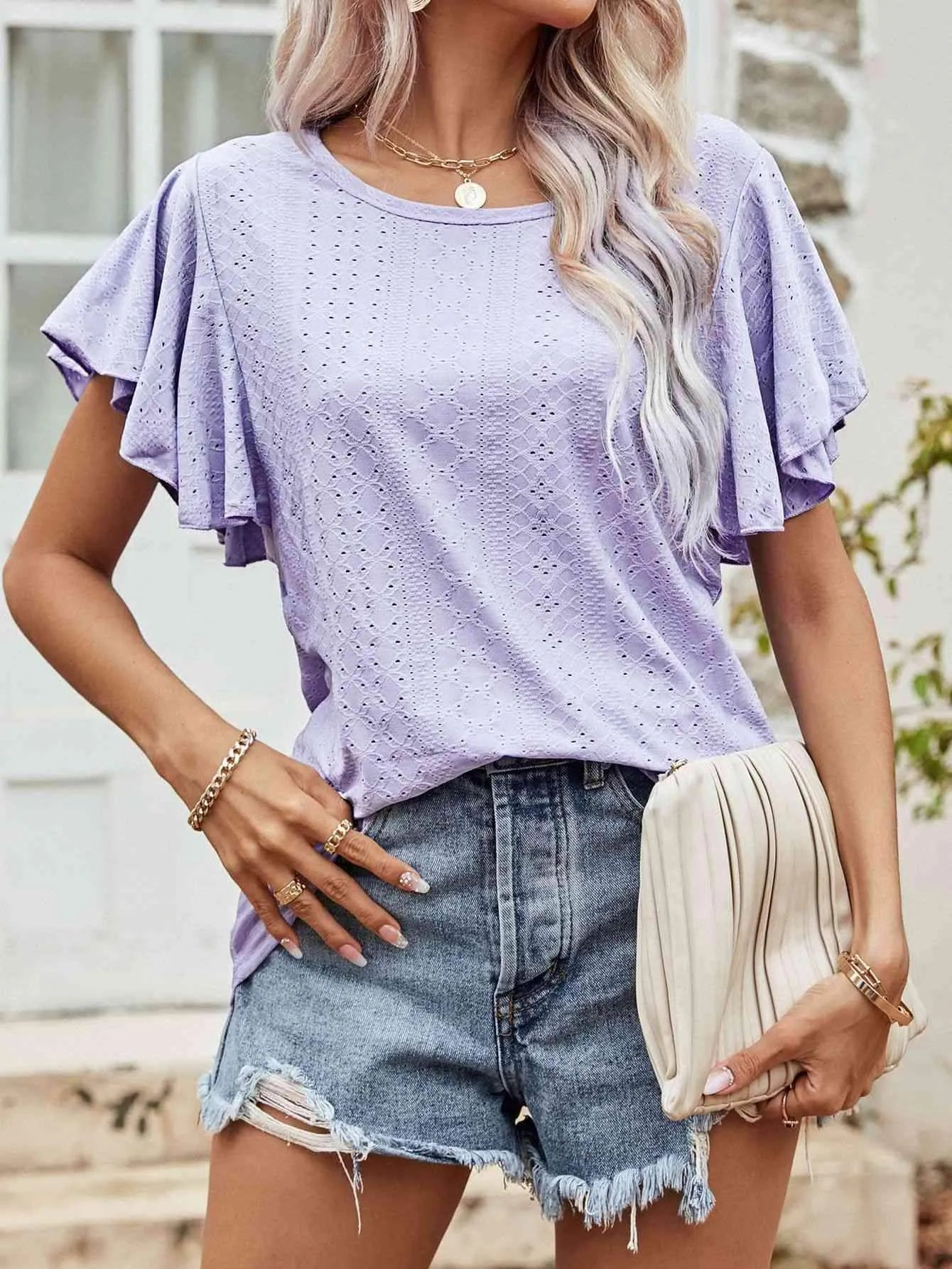 Round Neck Flutter Sleeve Blouse Blouses - Tophatter Daily Deals