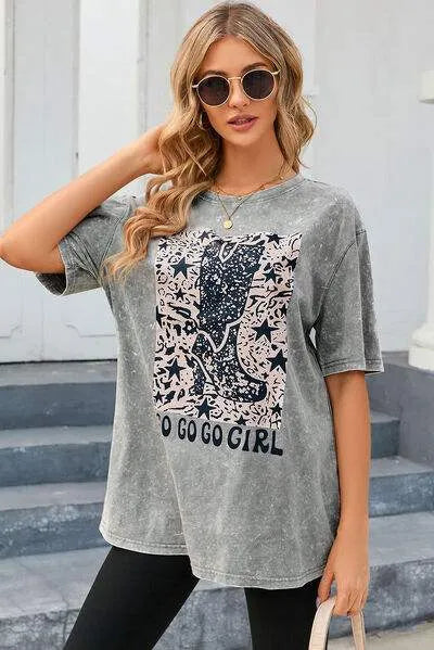 GO GO GO GIRL Round Neck Short Sleeve T-Shirt Charcoal Women's T-Shirts - Tophatter Daily Deals