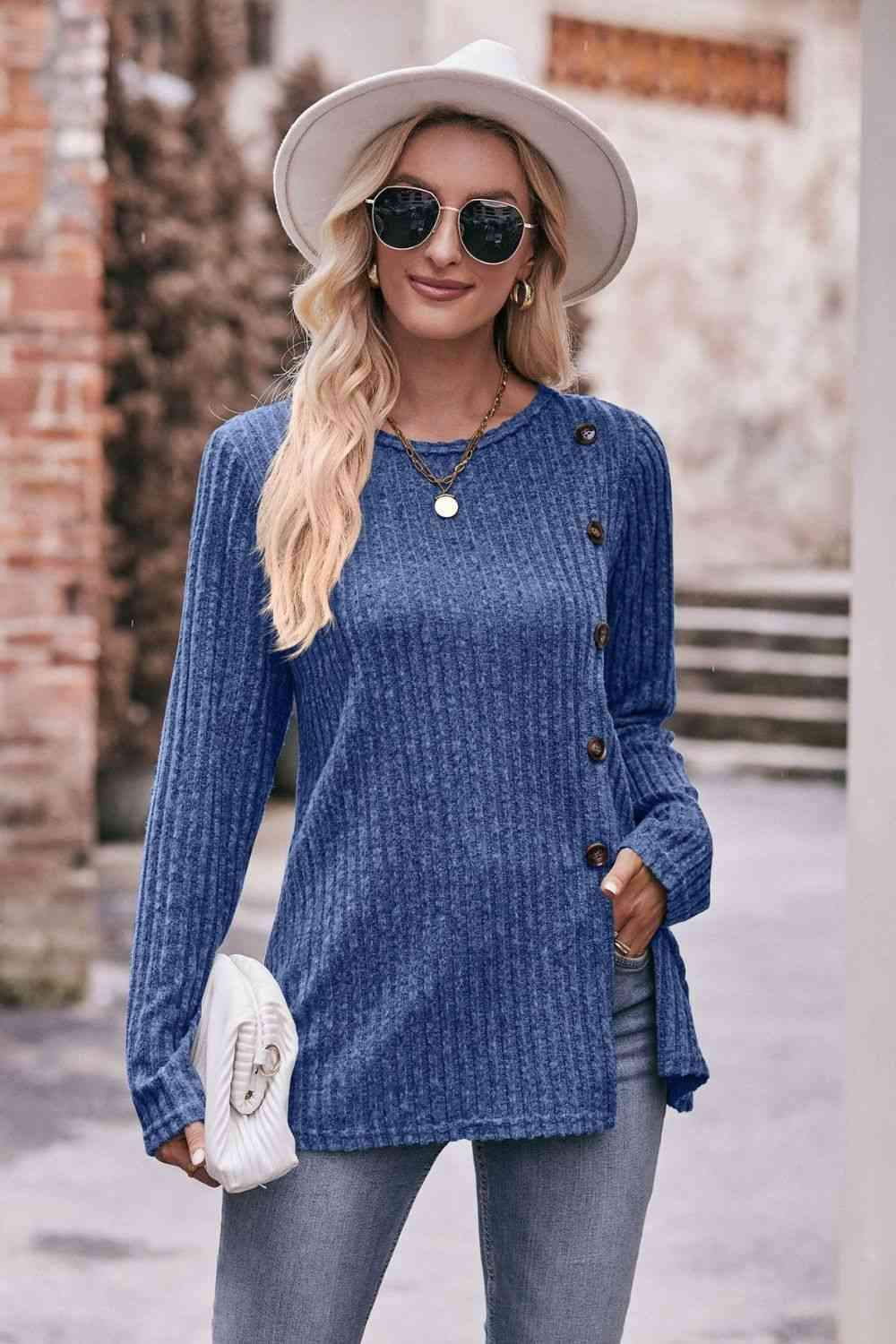 Double Take Ribbed Round Neck Buttoned Tee Royal Blue Women's T-Shirts - Tophatter Daily Deals