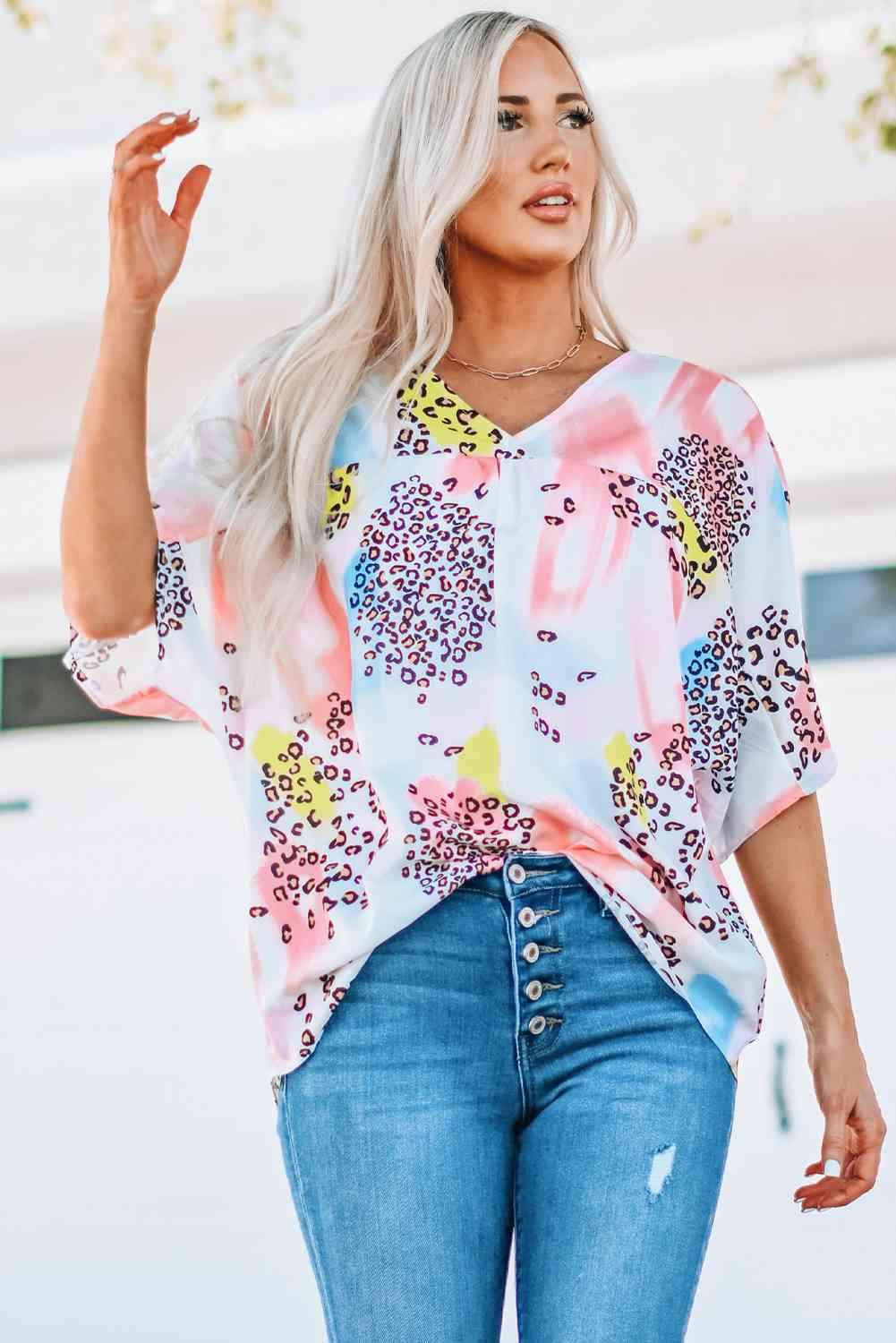 Mixed Print V-Neck Half Sleeve Top Blouses - Tophatter Daily Deals