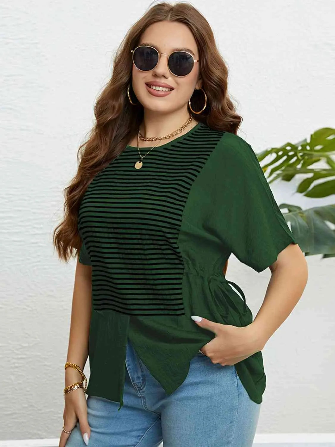 Plus Size Striped Drawstring Slit Top Blouses - Tophatter Daily Deals