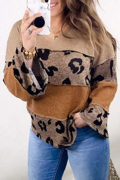 Plus Size Leopard Exposed Seam V-Neck Blouse Dust Storm Blouses - Tophatter Daily Deals