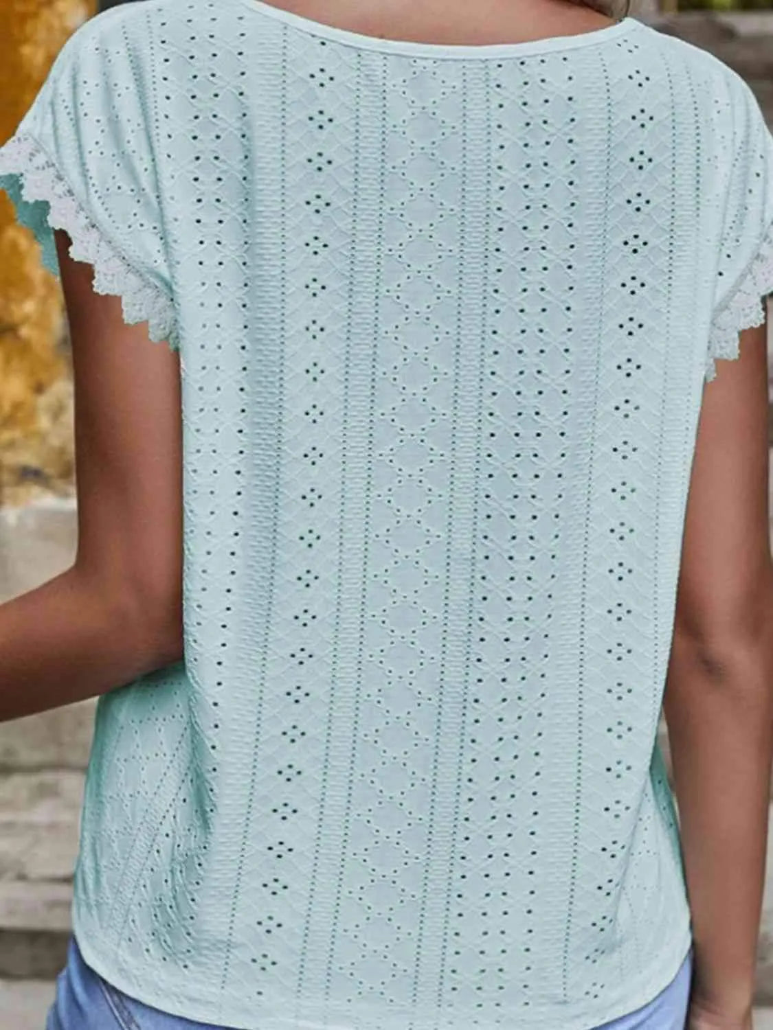 V-Neck Eyelet Short Sleeve Top Blouses - Tophatter Daily Deals