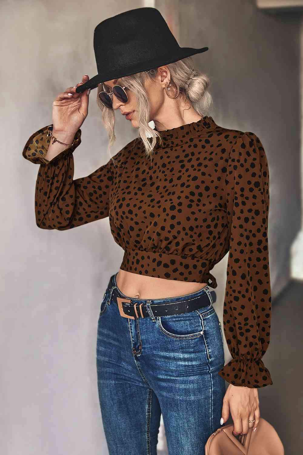 Animal Print Tie-Back Cropped Blouse Blouses - Tophatter Daily Deals