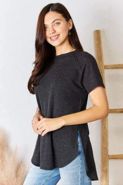 Zenana Waffle Knit Short Sleeve Slit T-Shirt Blouses - Tophatter Daily Deals