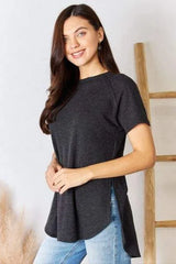 Zenana Waffle Knit Short Sleeve Slit T-Shirt Blouses - Tophatter Daily Deals