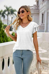 Eyelet Layered Flutter Sleeve V-Neck Top Blouses - Tophatter Daily Deals