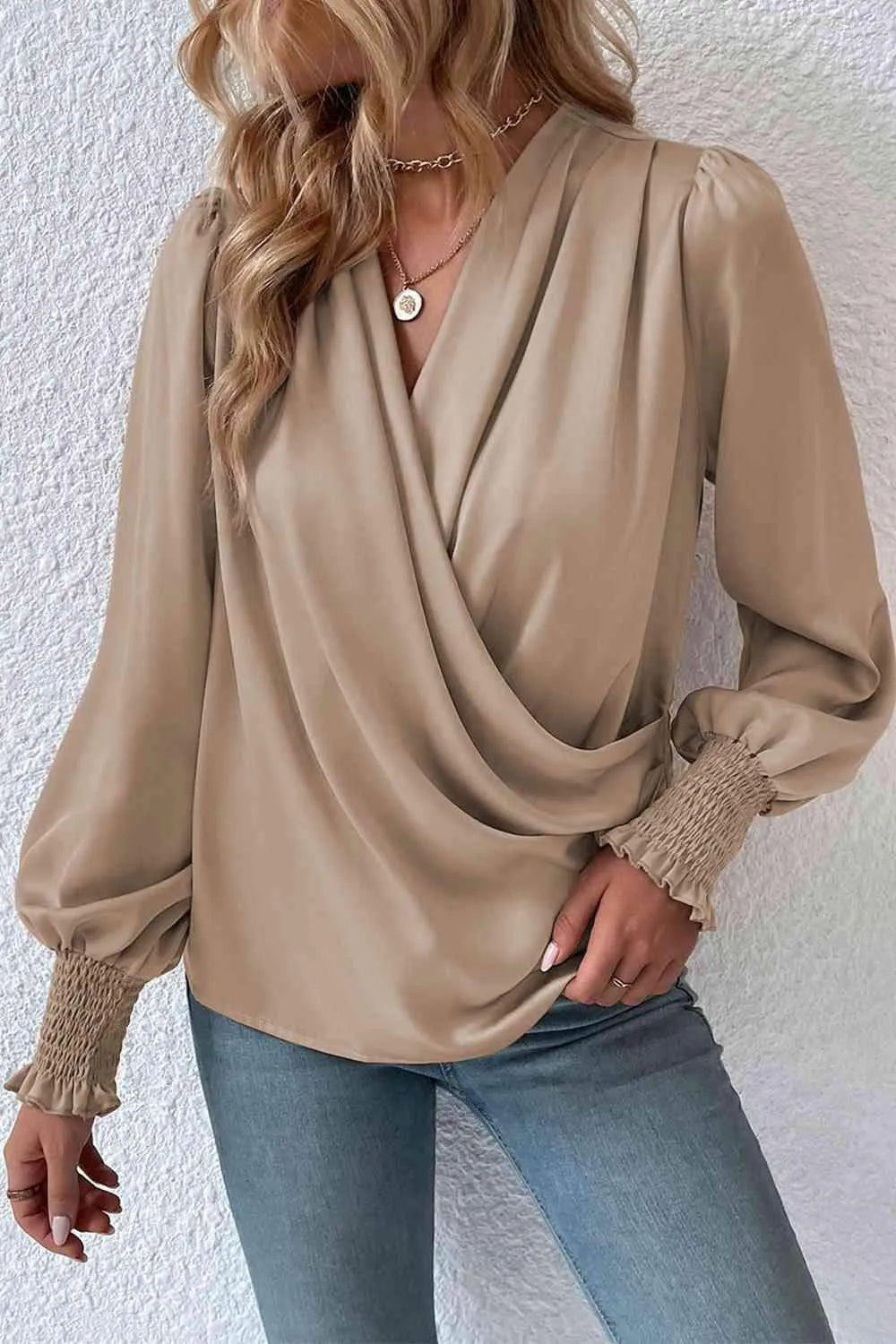 Surplice Neck Lantern Sleeve Blouse Blouses - Tophatter Daily Deals