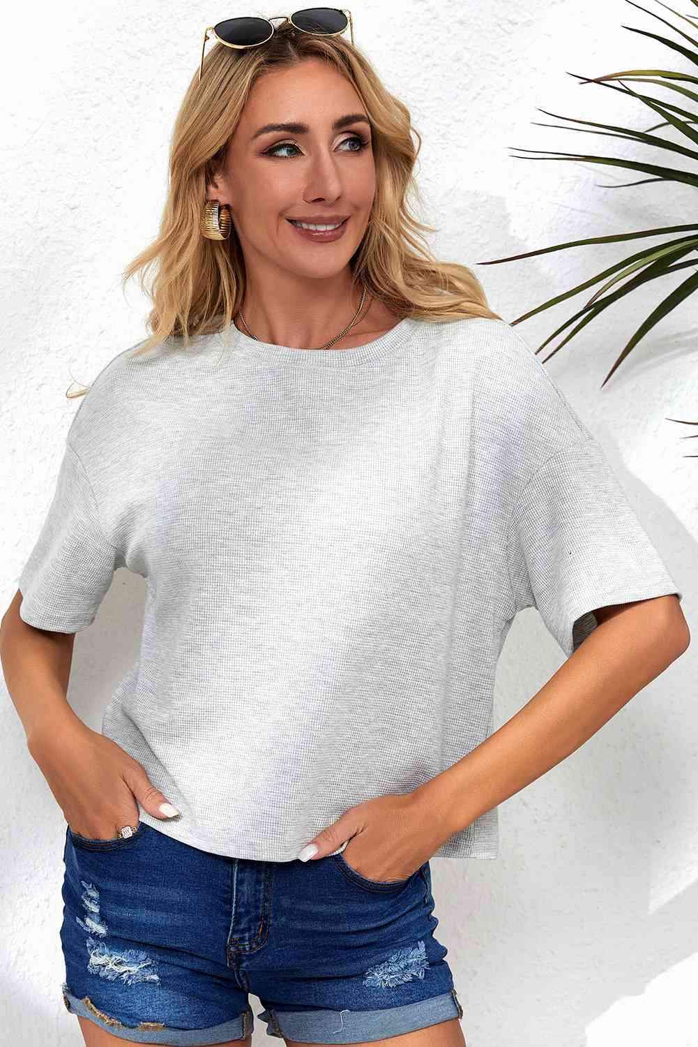 Round Neck Dropped Shoulder Tee Light Gray Women's T-Shirts - Tophatter Daily Deals