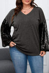 Plus Size Sequin Long Sleeve V-Neck Top Black Blouses - Tophatter Daily Deals