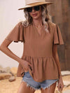 Ribbed Flutter Sleeve Notched Peplum Blouse Blouses - Tophatter Daily Deals