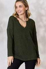 BiBi Notched Popcorn Waffle Long Sleeve Top Blouses - Tophatter Daily Deals