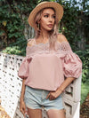 Lace Trim Off-Shoulder Bubble Sleeve Blouse Blouses - Tophatter Daily Deals