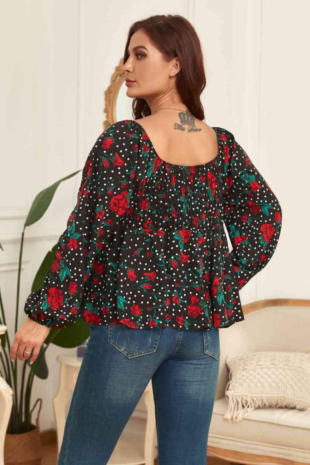 Melo Apparel Plus Size Floral Balloon Sleeve Blouse Blouses - Tophatter Daily Deals