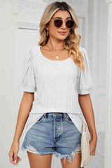 Eyelet Puff Sleeve Round Neck Top White Blouses - Tophatter Daily Deals