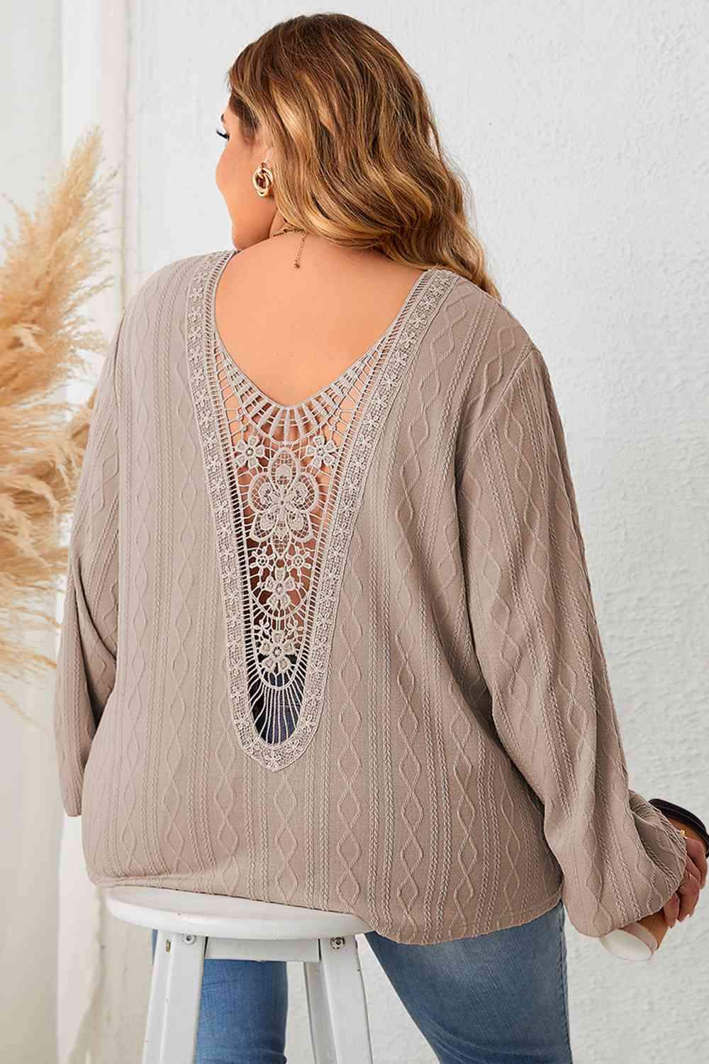 Plus Size Lace Detail V-Neck Long Sleeve Blouse Taupe Blouses - Tophatter Daily Deals