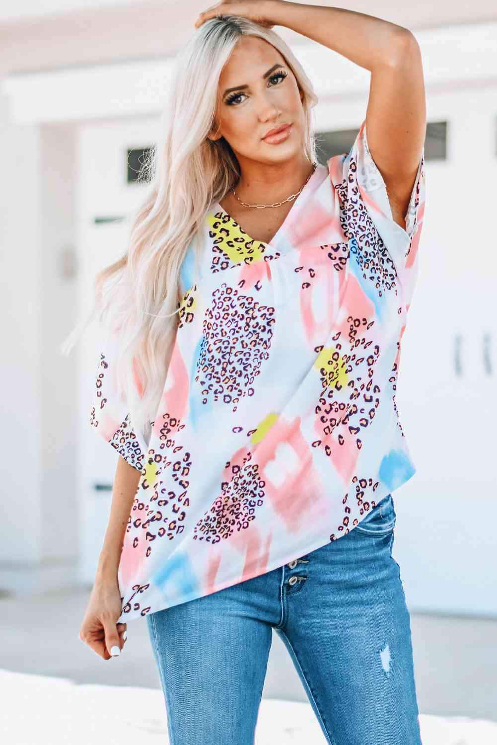 Mixed Print V-Neck Half Sleeve Top Blouses - Tophatter Daily Deals