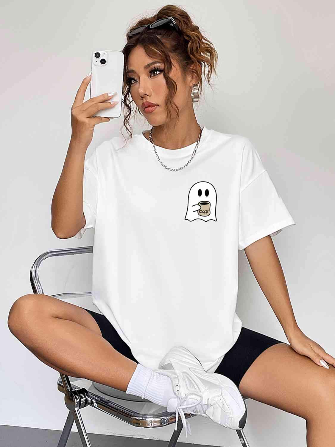 Round Neck Short Sleeve Ghost Graphic T-Shirt White Women's T-Shirts - Tophatter Daily Deals