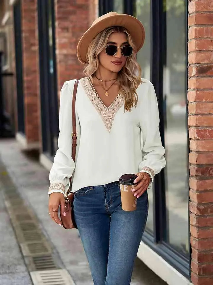 V-Neck Long Sleeve Blouse White Blouses - Tophatter Daily Deals