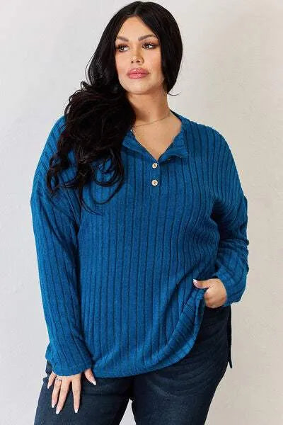 Basic Bae Full Size Ribbed Half Button Long Sleeve High-Low T-Shirt Women's T-Shirts - Tophatter Daily Deals
