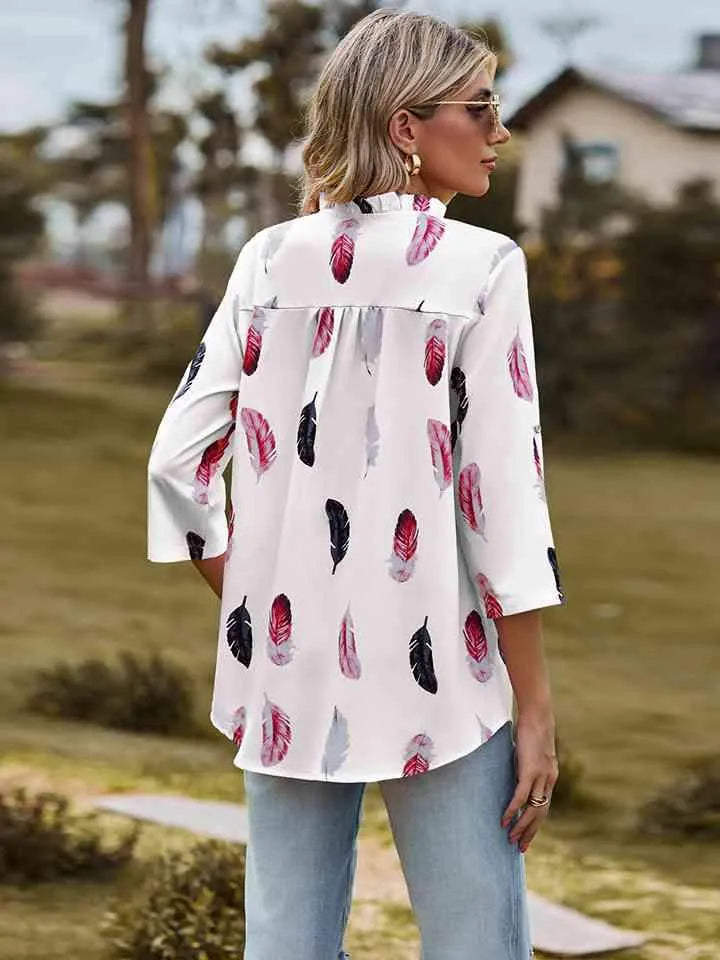 Printed Roll-Tab Sleeve Notched Neck Blouse Blouses - Tophatter Daily Deals