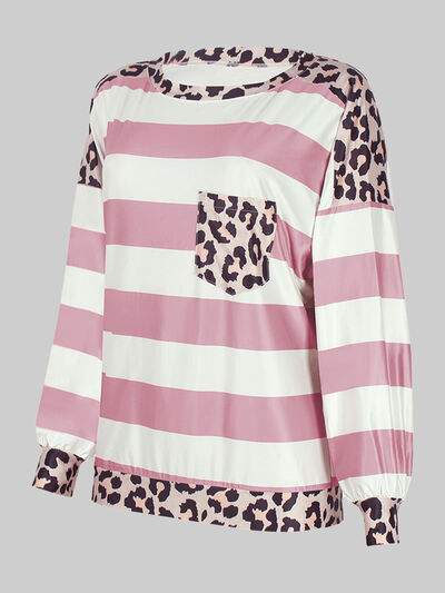 Striped Leopard Long Sleeves Top Moonlit Mauve Women's T-Shirts - Tophatter Daily Deals