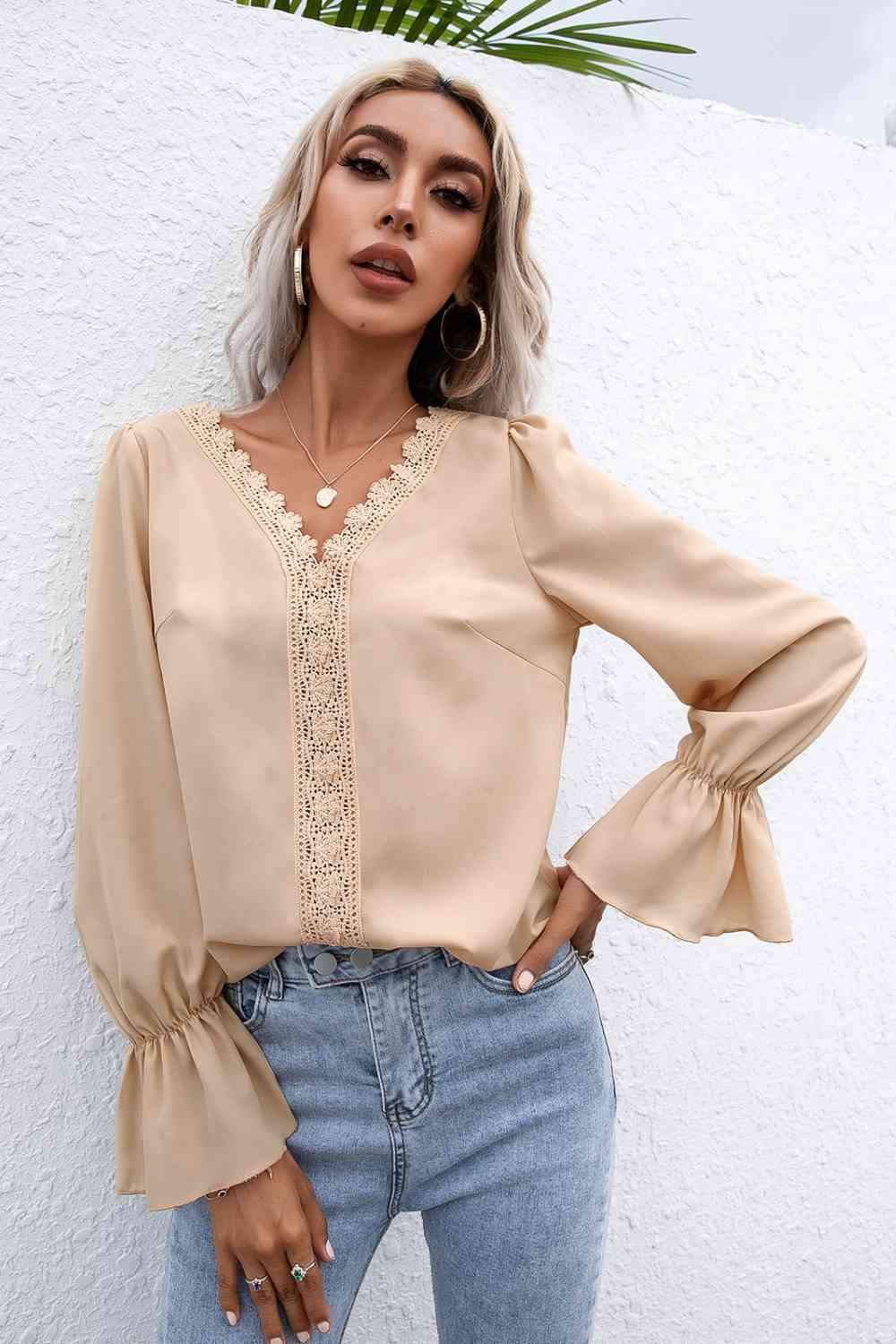 Lace Trim Flounce Sleeve Blouse Blouses - Tophatter Daily Deals