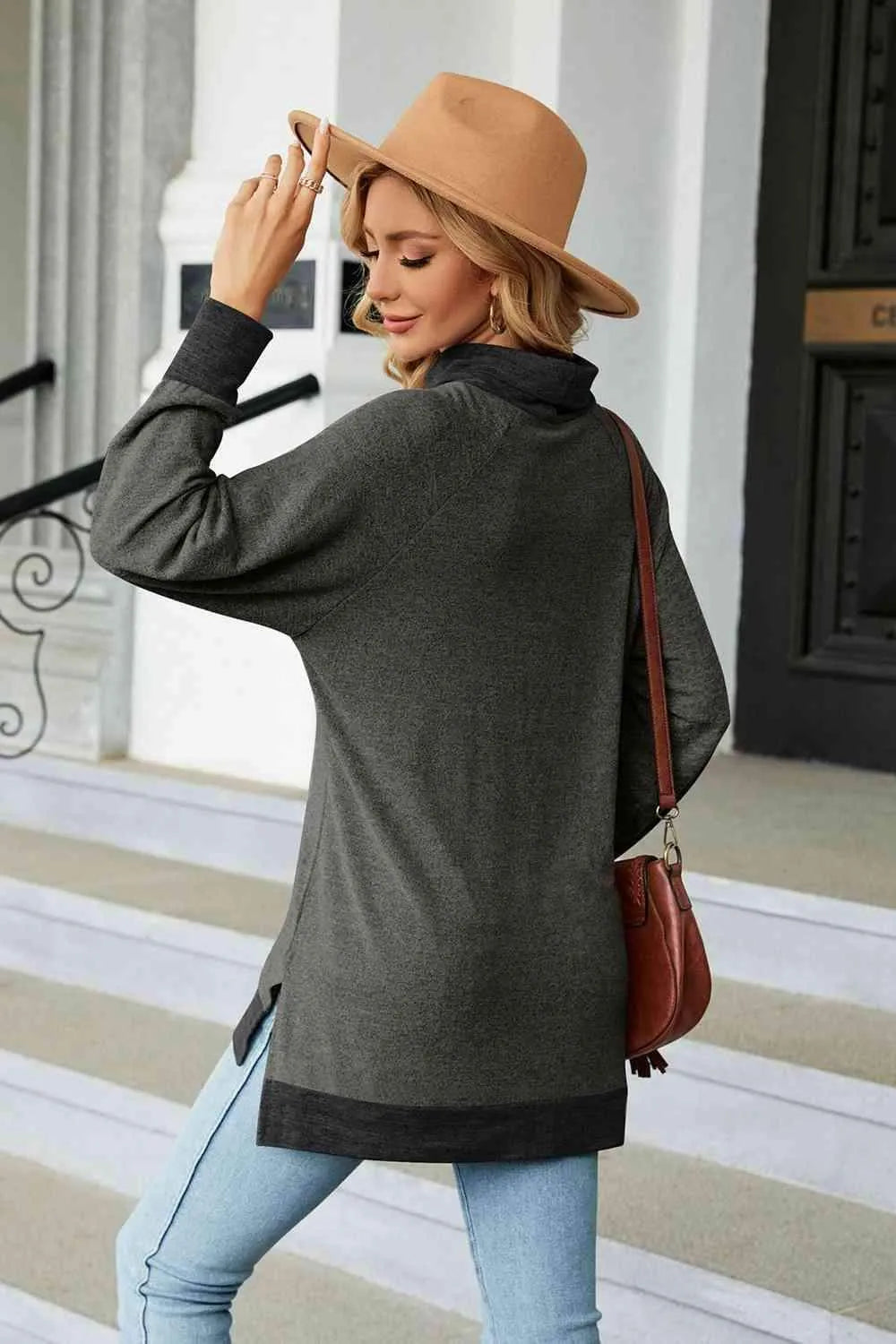 Turtle Neck Long Sleeve Slit Blouse Blouses - Tophatter Daily Deals