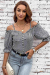 Plaid Buttoned Sweetheart Neck Cold-Shoulder Top Blouses - Tophatter Daily Deals