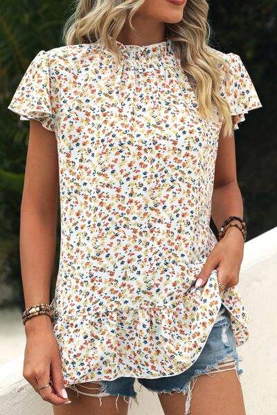 Ditsy Floral Mock Neck Short Sleeve T-Shirt Women's T-Shirts - Tophatter Daily Deals