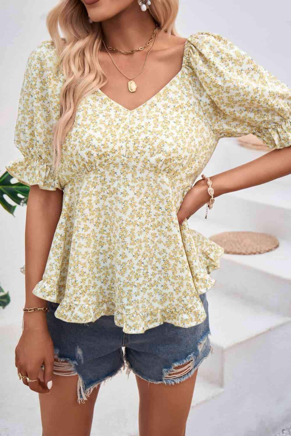 V-Neck Flounce Sleeve Blouse White Blouses - Tophatter Daily Deals